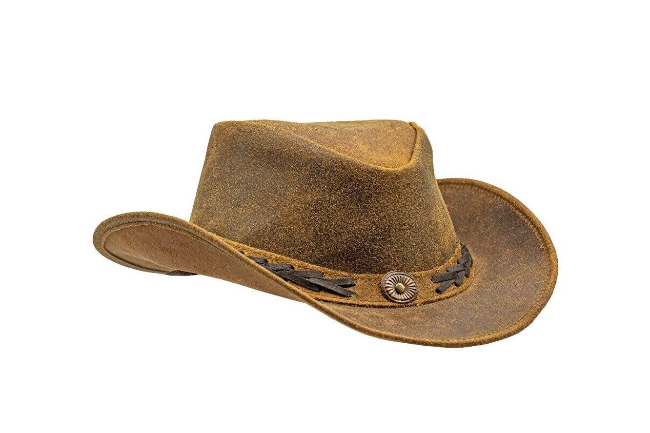 Brown Shapeable Western Leather Outback Cowboy Hat: Unisex, Size: Medium
