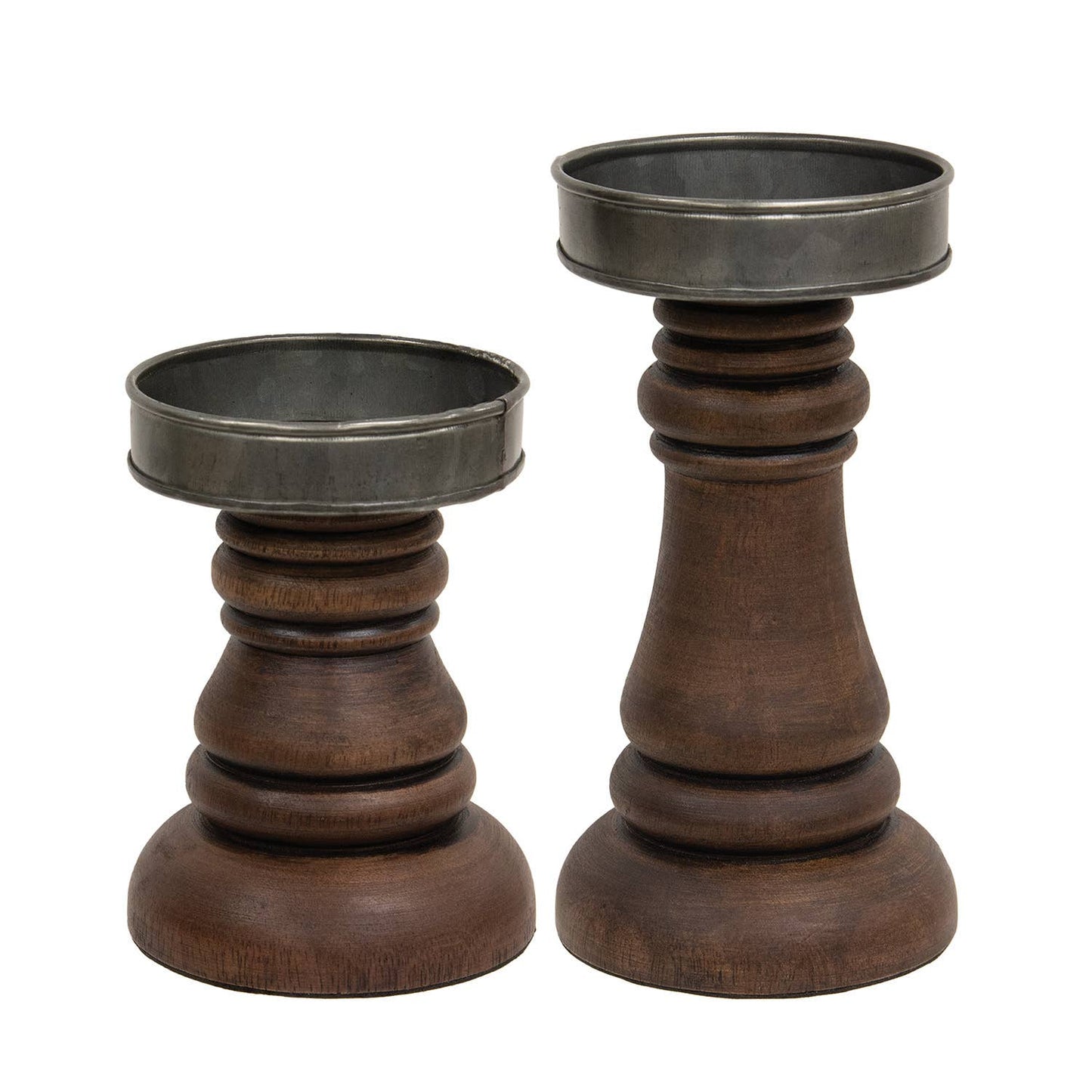 Walnut Stained Wood & Metal Pillar Holders, set of 2