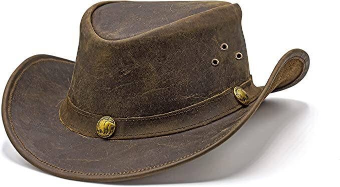 Shapeable Brown Western Durable Leather Outback Cowboy Hat: Unisex, Size: Large