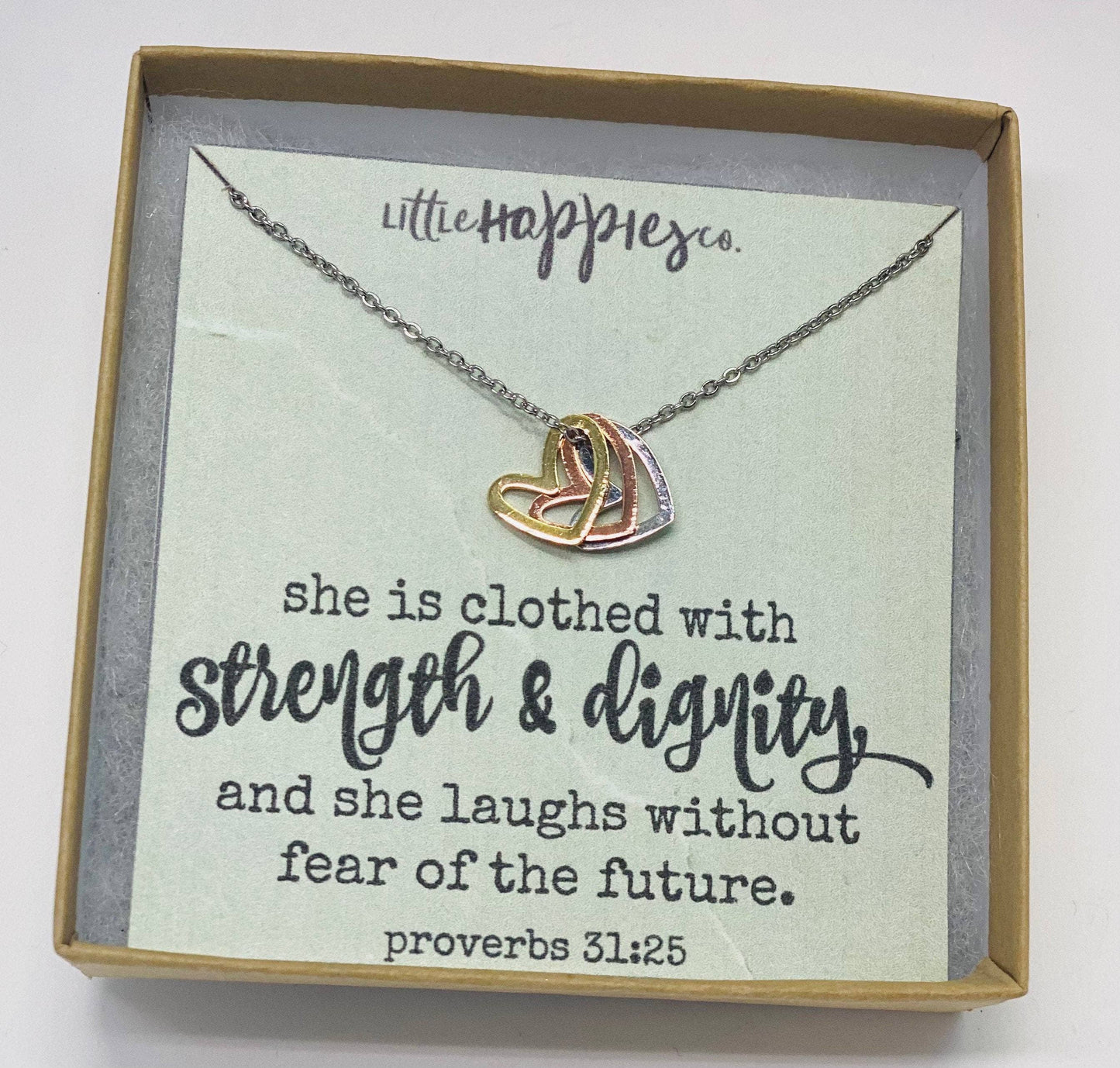 Christian heart necklace, Strength & dignity: Necklace & Card Only / Silver