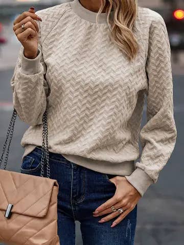 Textured Raglan Sleeve Pullover Sweatshirt: Beige / M