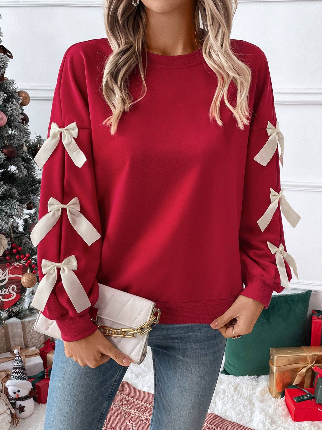 Christmas Bow Sleeve Round Neck Long Sleeve Sweatshirt: Red / S