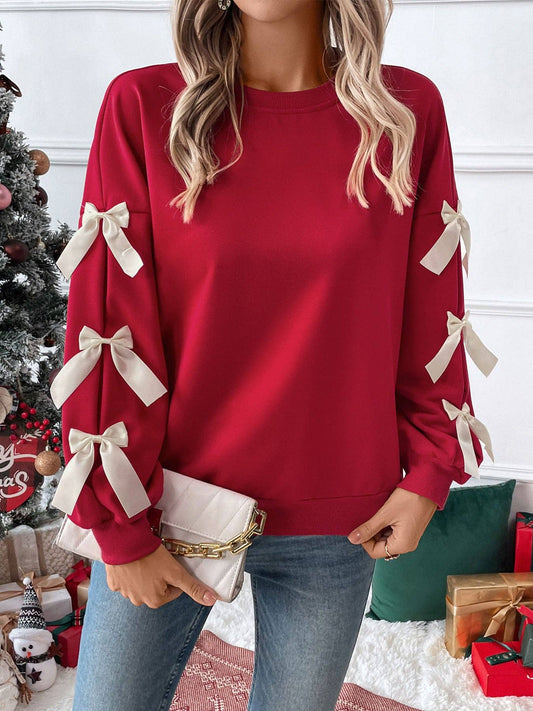 Christmas Bow Sleeve Round Neck Long Sleeve Sweatshirt: Red / S