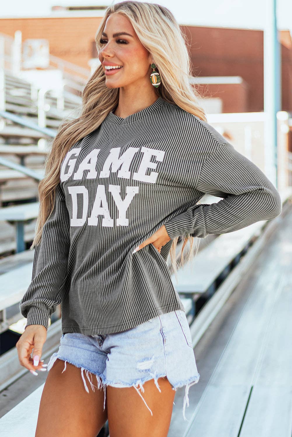 Dark Grey Corded GAME DAY Graphic Long Sleeve Crewneck Top: Dark Grey / S
