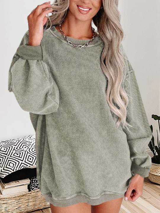 Round Neck Solid Ribbed Knit Pullover Sweatshirt: Black / 2XL