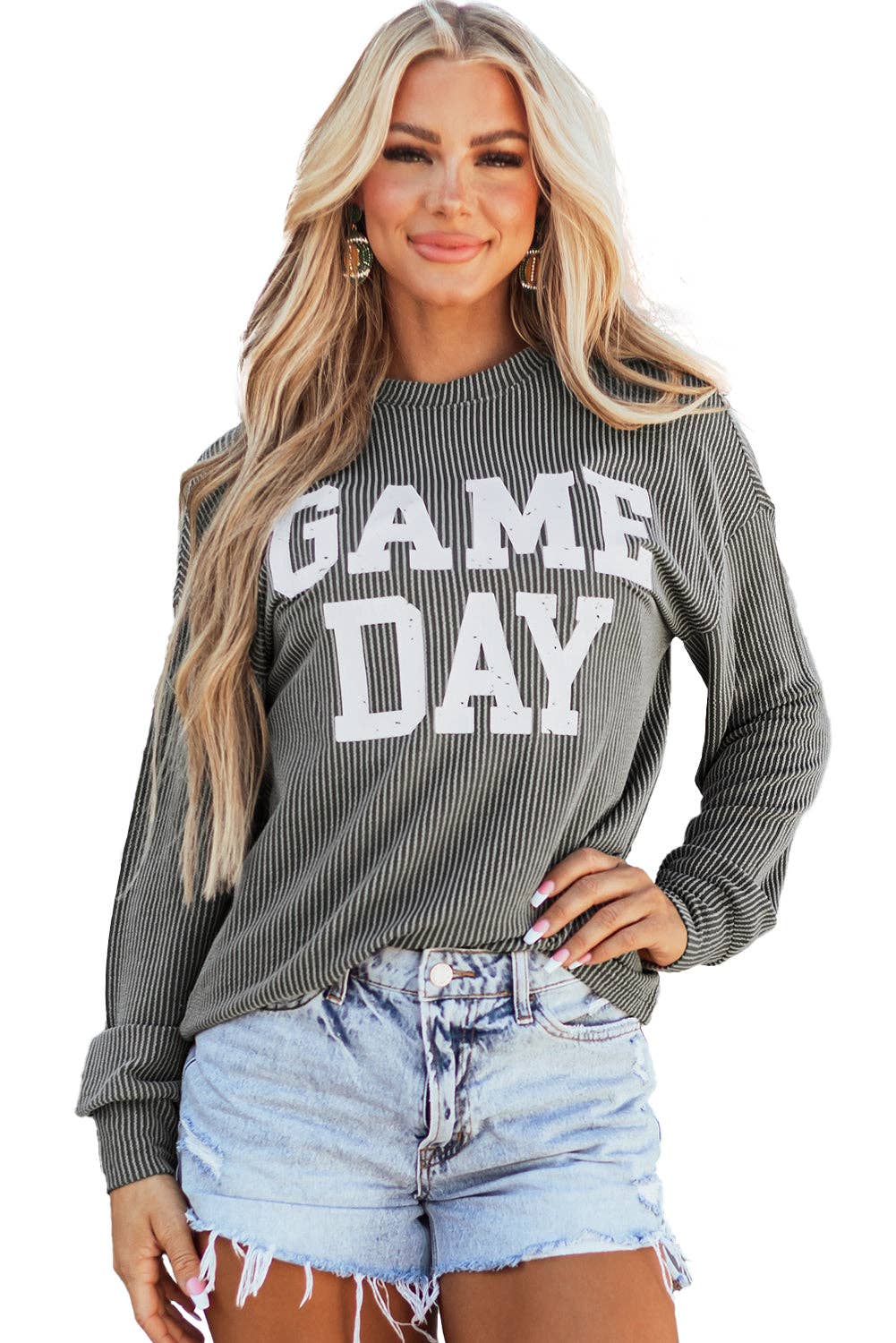 Dark Grey Corded GAME DAY Graphic Long Sleeve Crewneck Top: Dark Grey / S