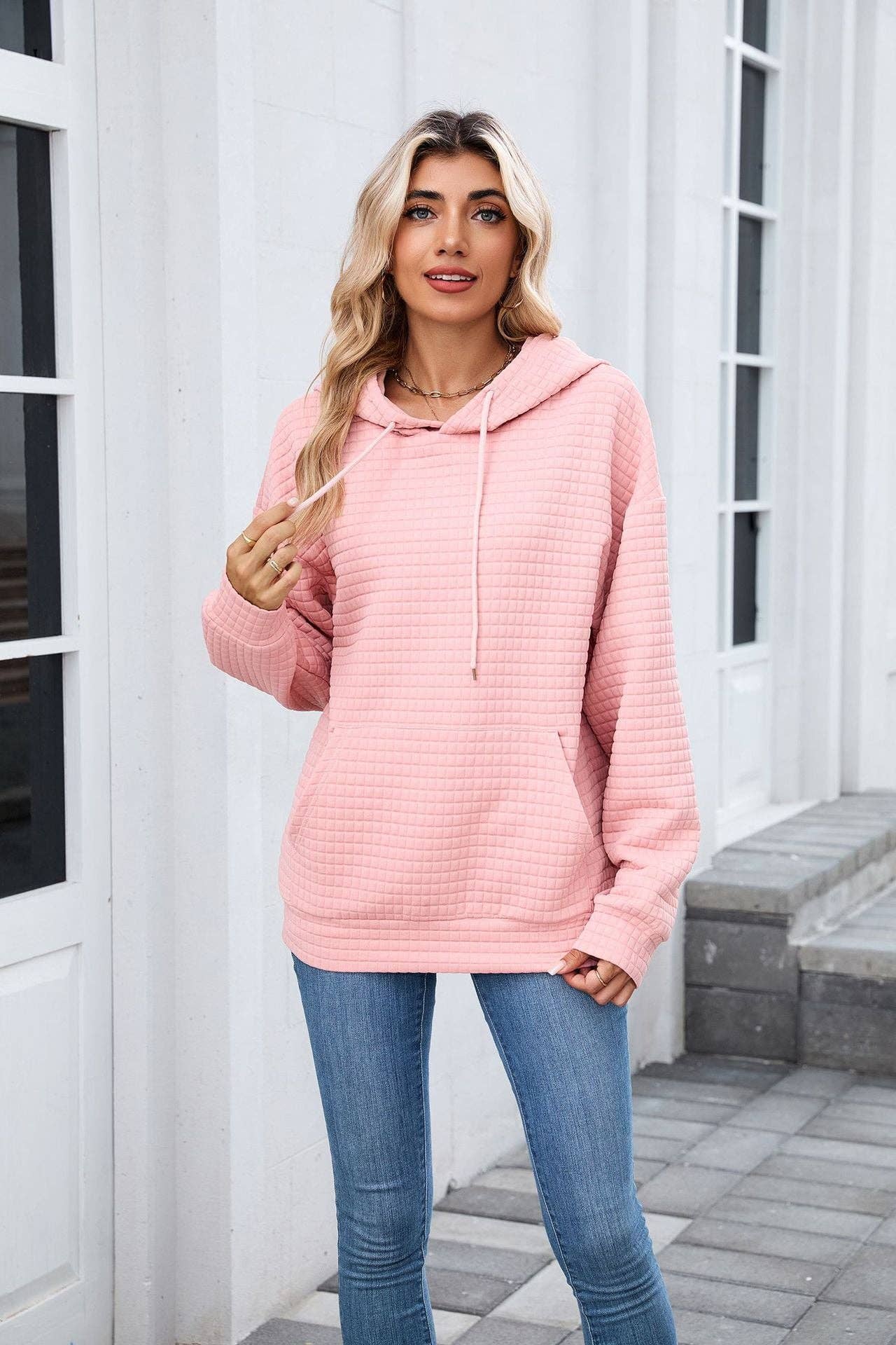 Pink Textured Oversized Hoodie with Front Pocket for Women: Pink / S