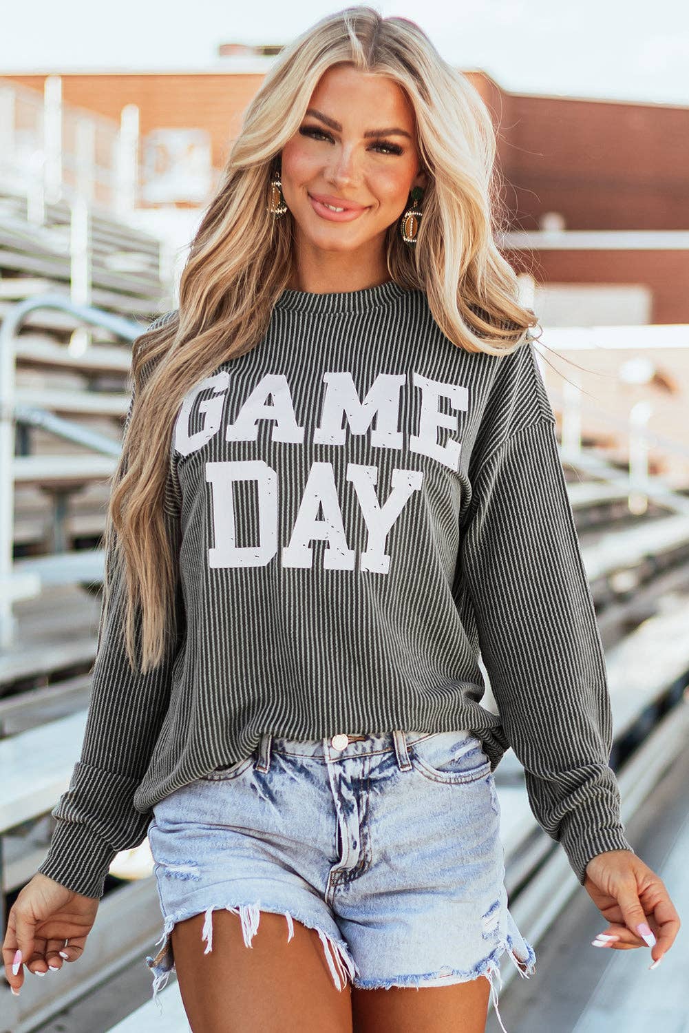 Dark Grey Corded GAME DAY Graphic Long Sleeve Crewneck Top: Dark Grey / L