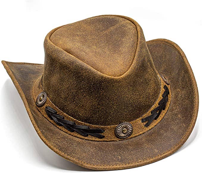 Brown Shapeable Western Leather Outback Cowboy Hat: Unisex, Size: Medium