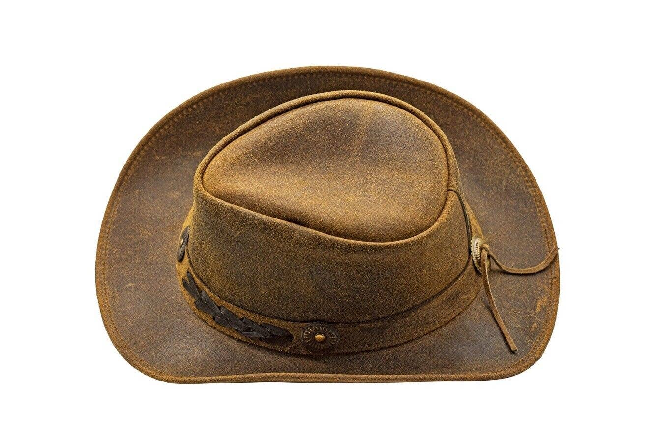Brown Shapeable Western Leather Outback Cowboy Hat: Unisex, Size: Medium