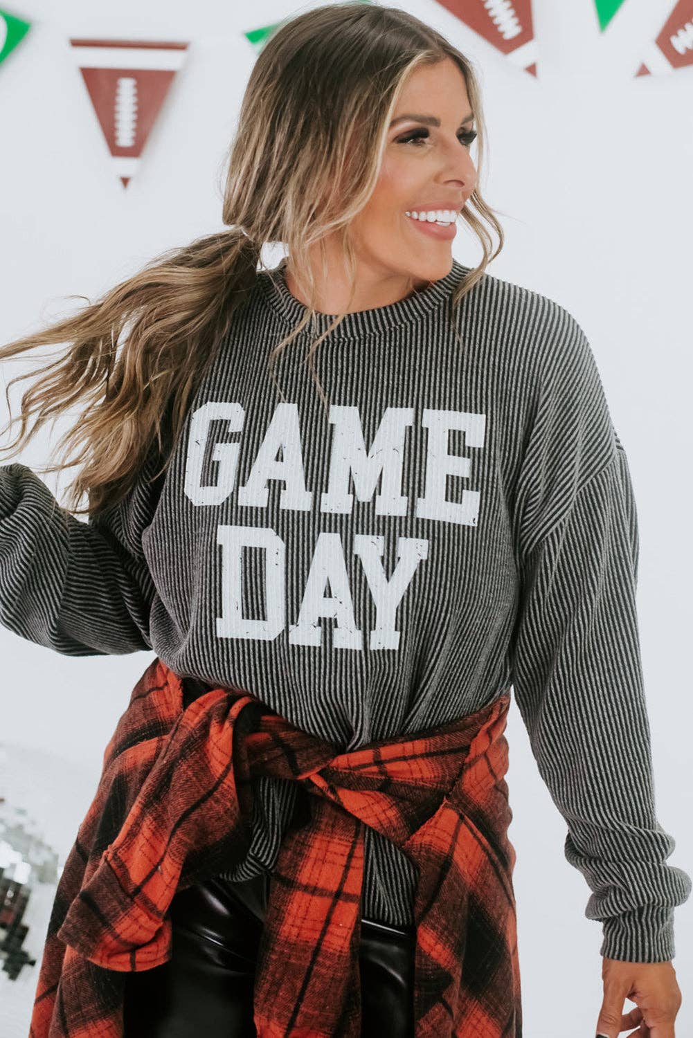 Dark Grey Corded GAME DAY Graphic Long Sleeve Crewneck Top: Dark Grey / M