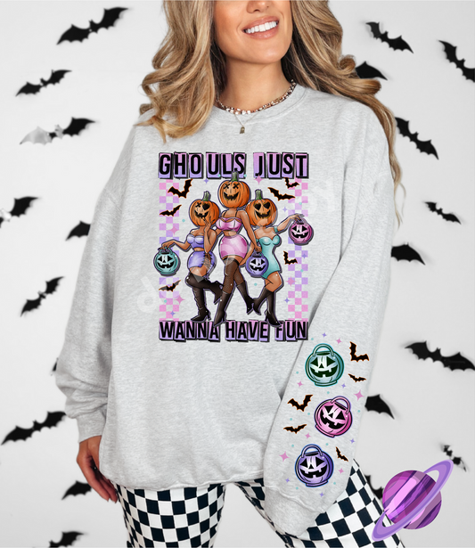 GHOULS HAVE FUN- CREWNECK SWEATSHIRT  W/ SLEEVE PRINT